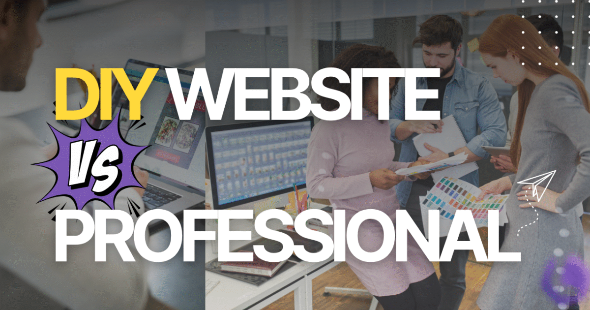Diy website vs professional with background of office workers