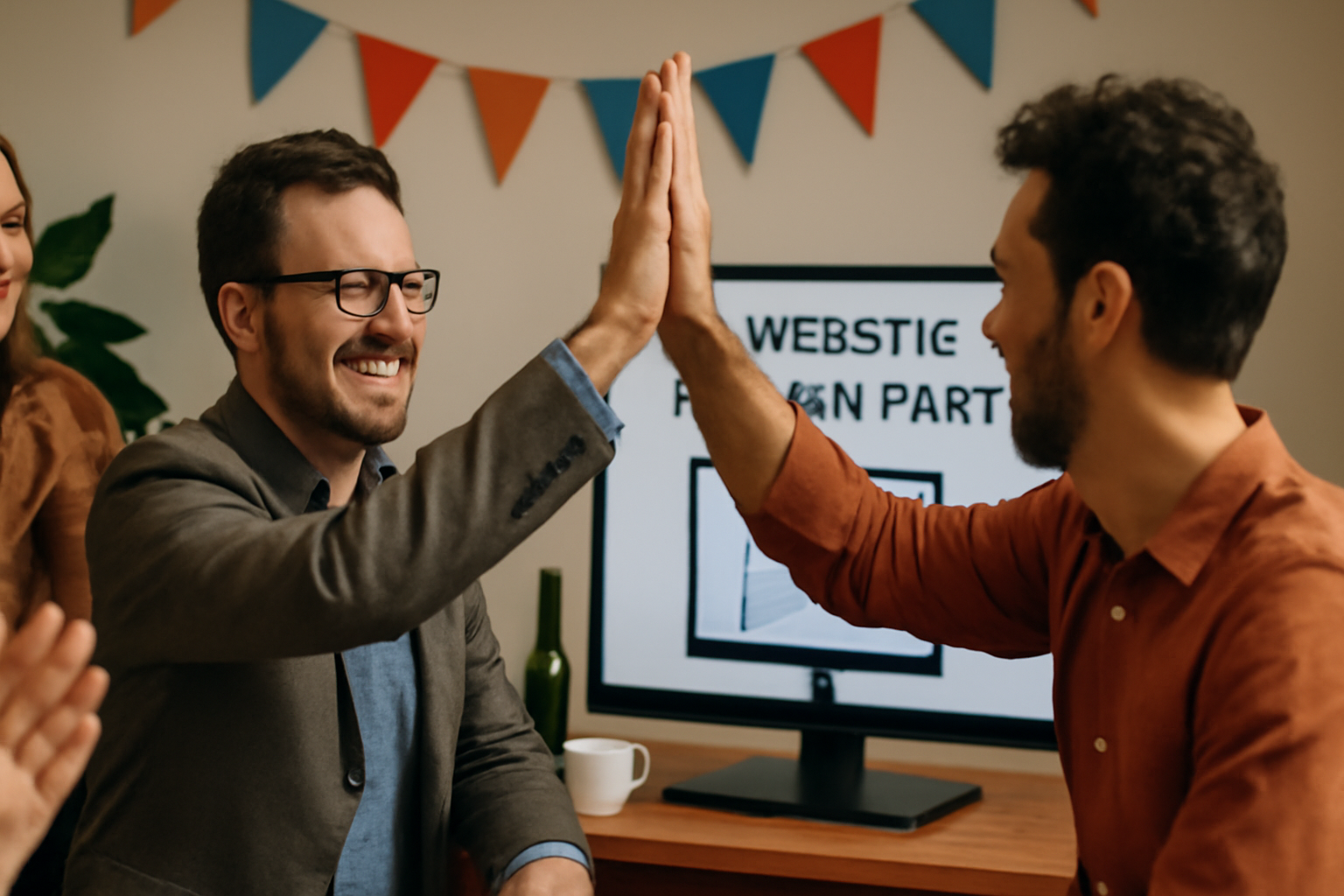 Startup team celebrating a new website launch