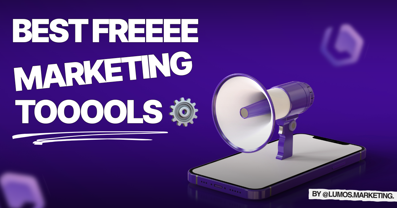 Illustration of a smartphone with a purple megaphone and gear, featuring text "Best Freeeee Marketing Tooools" by LumoS Marketing, symbolizing free marketing resources.